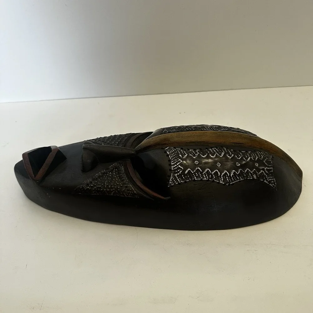 Hand Carved Ghanaian Elongated Face Mask Sese Wood Aluminum Copper‎ 14 Inches
